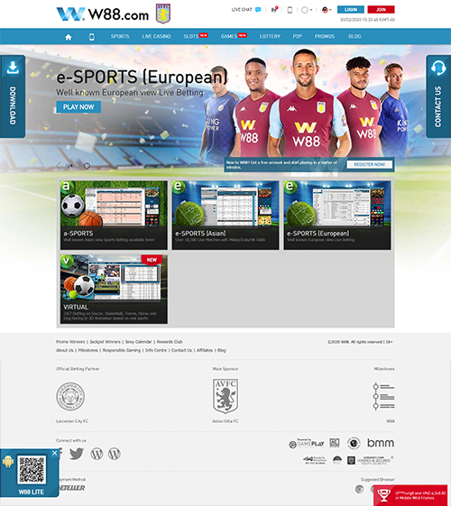 w88live.com sports page screenshot